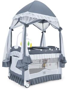Costway Doppio lettino portatile per bambino con tenda Yurta e ruote, Culla lettino per bimbi con zanzariera e giostra 110x78x200cm Grigio