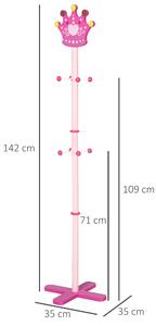 HOMCOM Appendiabiti da Terra per bambini design corona, base forma X, 8 ganci, in legno, rosa, 35 x 35 x 142cm