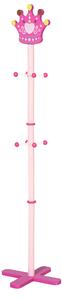 HOMCOM Appendiabiti da Terra per bambini design corona, base forma X, 8 ganci, in legno, rosa, 35 x 35 x 142cm