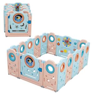 Costway Box multifunzionale con 16 pannelli e giocattoli educativi per bambini, Recinto portatile Azzurro e rosa