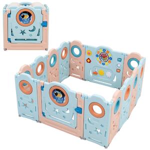 Costway Box multifunzionale con 14 pannelli e giocattoli educativi per bambini, Recinto portatile Azzurro e rosa