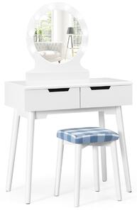 Costway Set tavolo trucco e toeletta con specchio rotondo e 8 lampadine LED, Toeletta con sgabello imbottito, Bianco