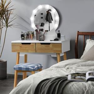 Costway Set tavolo trucco e toeletta con specchio rotondo e 8 lampadine LED, Toeletta con sgabello imbottito, Naturale