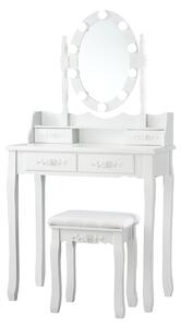 Costway Set tavolo toeletta con 10 luci LED e specchio ovale, Tavolo da trucco con 4 cassetti e sgabello imbottito Bianco