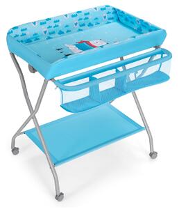 Costway Fasciatoio pieghevole per bambini con cesto ampio e mensola, Organizer nursery con ruote bloccabili Blu
