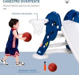 HOMCOM Scivolo per Bambini 1-4 Anni con Canestro, Pallone Basket e Pompetta per Giardino o Cameretta, Blu e Bianco