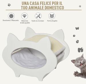 PawHut Casetta Cuccia per Gatti in Legno con Tiragraffi in Sisal, Cuscino e Rivestimento in Peluche, Bianco