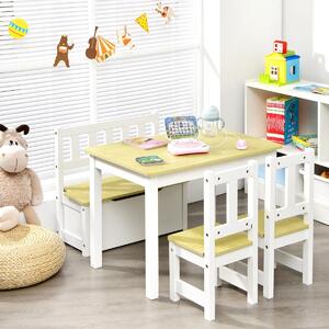 Costway Set tavolo attività di legno 2 in 1 con 2 sedie e 1 panca, Set 4 pezzi tavolo e sedie per bambini Naturale