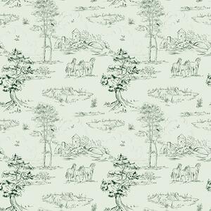Carta da parati Scena con cavalli, alberi e castello su sfondo verde, Parati stile vintage classici, a00133v1 : Uwalls.it