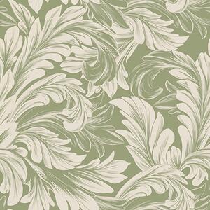 Carta da parati Barocco con foglie color crema su sfondo verde, Parati fiori e piante classici, a00135 : Uwalls.it