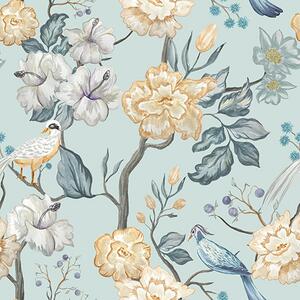 Carta da parati Fiori e uccelli su sfondo blu, Parati classici in stile inglese, a00134 : Uwalls.it