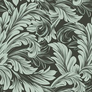 Carta da parati Sfondo verde scuro con riccioli di menta, Parati fiori e piante classici, a00135v4 : Uwalls.it