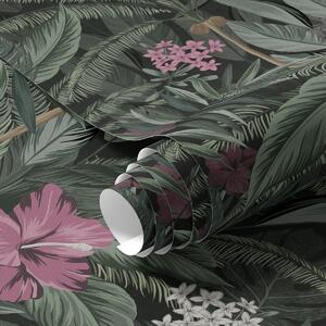 Carta da parati Foglie e uccelli tropicali su sfondo scuro, Parati fiori e piante classici, a00140 : Uwalls.it