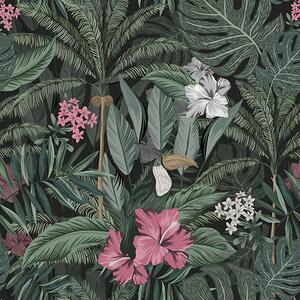 Carta da parati Foglie e uccelli tropicali su sfondo scuro, Parati fiori e piante classici, a00140 : Uwalls.it