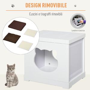 PawHut Cuccia Casetta Legno per Gatti, 2 Cuscini, Tiragraffi Rimovibili, Design Elegante, 41x30x36cm - Bianco e Marrone