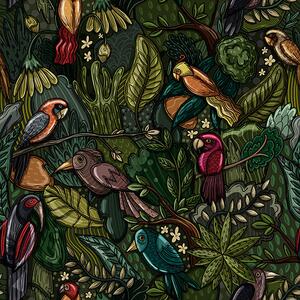 Carta da parati Uccelli esotici nella giungla nello stile di un'incisione, Parati fiori e piante classici, a00157 : Uwalls.it