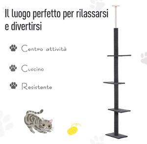 PawHut Albero Tiragraffi per Gatti su 4 Livelli con Colonna Rivestita e Altezza Regolabile, Grigio, 43x27x228-260cm