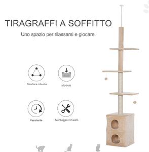 PawHut Albero Tiragraffi a Soffitto per Gatti, Multilivello, 210-240cm, Cucce, Piattaforme, Corde Juta, Spazio Gioco Verticale - Giallo | Aosom.it