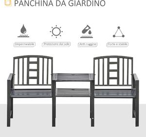 Outsunny Panchina da Giardino Moderna 2 Posti con Tavolino e Foro per Ombrellone Arredamento da Esterno 165x56x85.5cm Nero