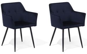 Set di 2 sedie da pranzo con sedile imbottito in velluto blu scuro con braccioli e gambe in metallo Nero Beliani