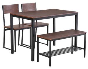 HOMCOM Set Tavolo con Panca 2 Posti e 2 Sedie Stile Industriale in Legno e Metallo per Soggiorno e Cucina Nero e Marrone