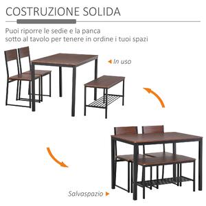 HOMCOM Set Tavolo con Panca 2 Posti e 2 Sedie Stile Industriale in Legno e Metallo per Soggiorno e Cucina Nero e Marrone