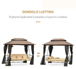 Outsunny Dondolo 3 Posti da Giardino Convertibile in Lettino con Gazebo, con Zanzariera e Cuscini, 257x175x240cm Cachi