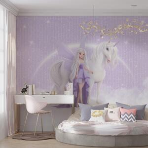 Carta da parati Una fata con un unicorno tra le nuvole, Carta da parati per Bambini, Carta da parati per Ragazze, w03527 : Uwalls.it