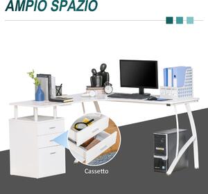 HOMCOM Scrivania Angolare con Cassettiera, Scrivania Ufficio Porta PC in Legno e Metallo, Bianco, 143.5x143.5x76cm