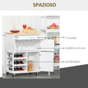 HOMCOM Carrelli Portavivande, Carrellino per Cucina in Legno Bianco con Portabottiglie 1 Cassetto e 3 Antine, 67x37x87cm