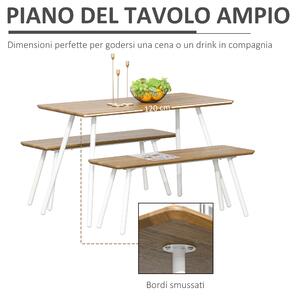 HOMCOM Set Tavolo da Pranzo con 2 Panche in Stile Nordico per Soggiorno, Salotto e Cucina, in MDF e Metallo, Bianco