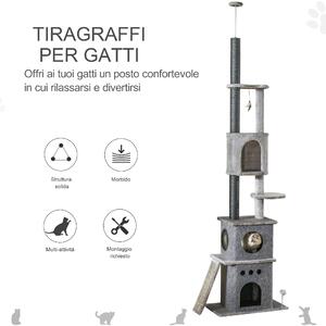 PawHut Tiragraffi gatto Albero Multilivello a Soffitto per Gatti conCasette,Corde in Sisal e Piattaforme,60x40x225-255cm Grigio