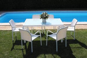 AXONA - set tavolo da giardino con piano in vetro 150x90 compreso di 6 poltrone intreccio in rattan sintetico