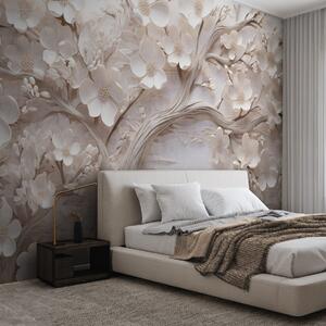 Carta da parati Albero strutturato con fiori bianchi e un tronco marrone, lo sfondo è bianco con linee, Carta da parati 3D, w09166 : Uwalls.it