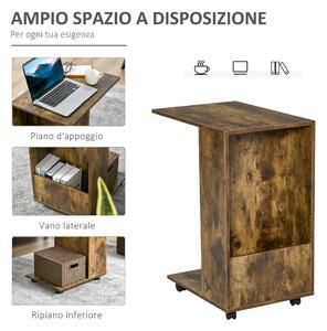 HOMCOM Tavolino da Salotto e Comodino Design a C con Mensola e Vano Laterale, Ruote con Freno, Legno Marrone Rustico, 60x40x70cm