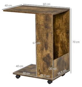 HOMCOM Tavolino da Salotto e Comodino Design a C con Mensola e Vano Laterale, Ruote con Freno, Legno Marrone Rustico, 60x40x70cm