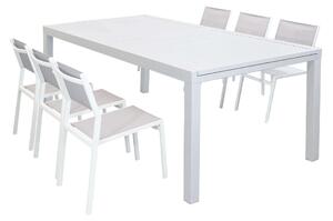 DEXTER - set tavolo in alluminio e teak cm 200/300 x 100 x 74 h con 6 sedie Aulus