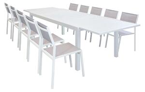 DEXTER - set tavolo in alluminio e teak cm 200/300 x 100 x 74 h con 10 sedie Aulus