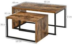 HOMCOM Set di 2 Tavolini da Salotto Impilabili e Salvaspazio in Stile Industriale, Legno MDF e Metallo, Marrone e Nero