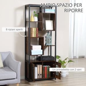 HOMCOM Mobile Libreria in Stile Industriale 8 Ripiani con Armadietto a 2 Ante per Casa e Ufficio, 70x30x180cm, Marrone