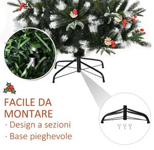 HOMCOM Albero di Natale Innevato 180cm con Bacche Rosse e Pigne Bianche, Base Rimovibile Pieghevole, 678 Rami, Verde