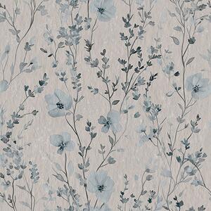 Carta da parati Floristica acquerellata blu e grigia su sfondo neutro, Parati classici in stile inglese, a00198 : Uwalls.it