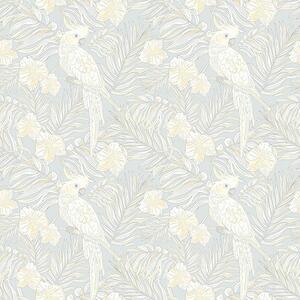 Carta da parati Stampa tropicale leggera con cacatua e fiori su sfondo blu, Parati fiori e piante classici, a00203 : Uwalls.it