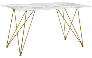 Tavolo da Pranzo Effetto Marmo Bianco con Piano in Vetro Temperato dorato Gambe in Metallo 140 x 80 cm Glam Soggiorno Beliani