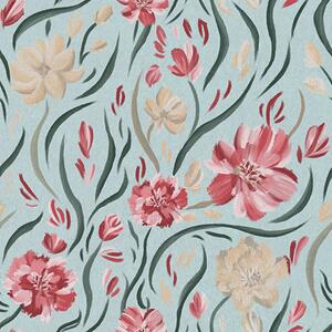Carta da parati Fiori acquerellati su sfondo blu, motivo rosso e beige, Parati fiori e piante classici, a00216 : Uwalls.it