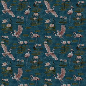 Carta da parati Fenicottero tra ninfee, scena tropicale su sfondo blu navy, Parati fiori e piante classici, a00237 : Uwalls.it