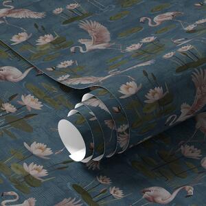 Carta da parati Fenicottero tra ninfee, scena tropicale su sfondo blu navy, Parati fiori e piante classici, a00237 : Uwalls.it