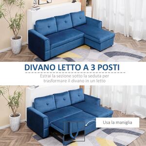 HOMCOM Divano Letto Angolare 3 Posti Effetto Velluto e Chaise Longue con Contenitore, 232x141x85cm, Blu