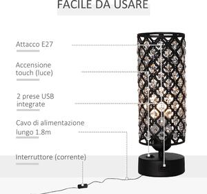 HOMCOM Lampada da Tavolo con Paralume in Cristallo e 2 Porte USB, Intensità della Luce Regolabile Touch Ф10.8 x 30cm, Nero