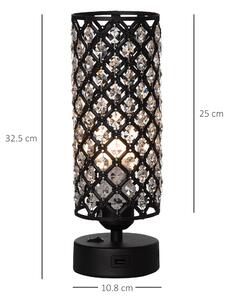 HOMCOM Lampada da Tavolo Cristallo con 2 USB, Luce Regolabile Touch, Design Elegante, Ф10.8 x 30 cm - Nero